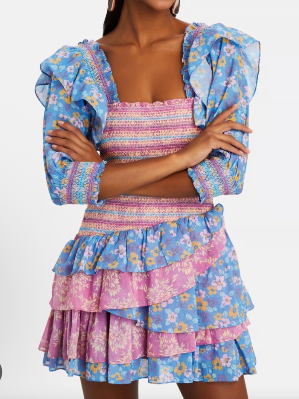 Yvonne&Love Blue & Pink Floral Smocked Mini Dress